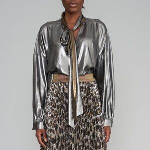 Le Superbe Vintage Gold Pewter Costes Tie Front Blouse medium new with tags med